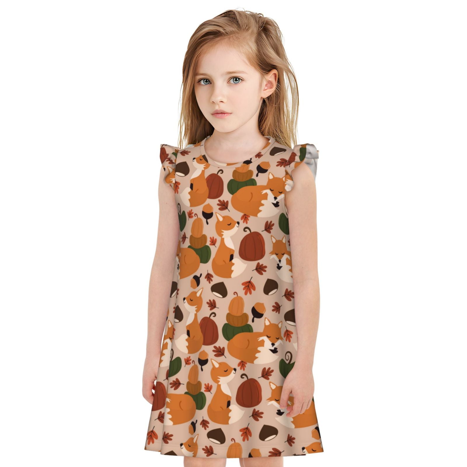 Balery Autumn Fox Pumpkin Lazy Pattern Princess Nightgown for Girls