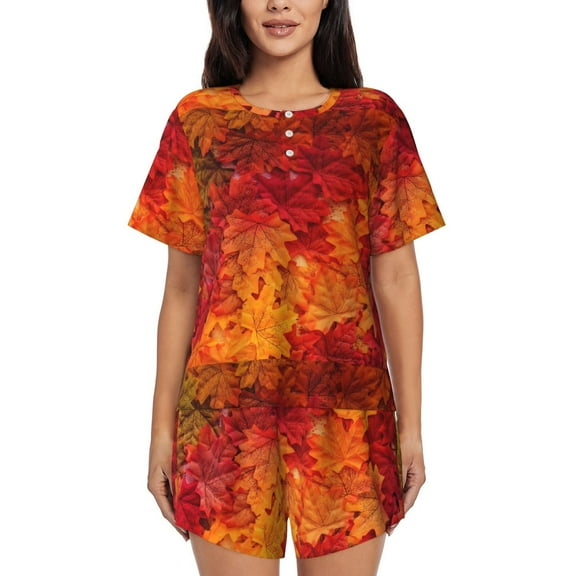 Balery Autumn Leaf Pattern Womens Pajama Sets 2 Piece Soft Short Sleeve Top and Shorts Sleepwear Round Neck Pjs Lounge Set with Pockets-Large