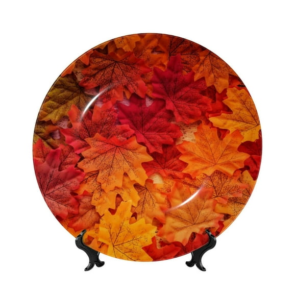 Balery Autumn Leaf Print Bone China Decorative Plate Ceramic Dinner Plates Art Crafts with Display Stand-8in