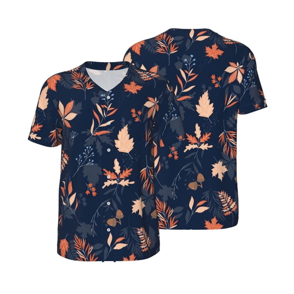 Balery Autumn Leaves With Blue Baseball Jersey for Men Casual Button Down Shirts Short Sleeve Active Team Sports Uniform-X-Large