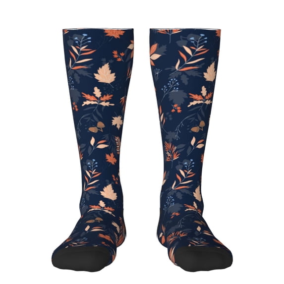 Balery Autumn Leaves With Blue Printed Novelty Socks Men's Women's Crew Socks Sports Socks Knee High Socks Cotton Socks Quirky and Cool Socks