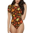 thumbnail image 1 of Balery Autumn Leaves Women's Short Sleevee Crew Neck Bodysuit Tops Short Sleeve Tops Basic-Medium, 1 of 9