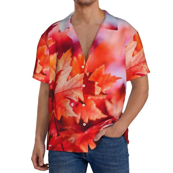 Balery Autumn Maple Leaves Men's Casual Button Down Shirt Short Sleeve Textured Summer Cuban Beach Shirts-X-Large