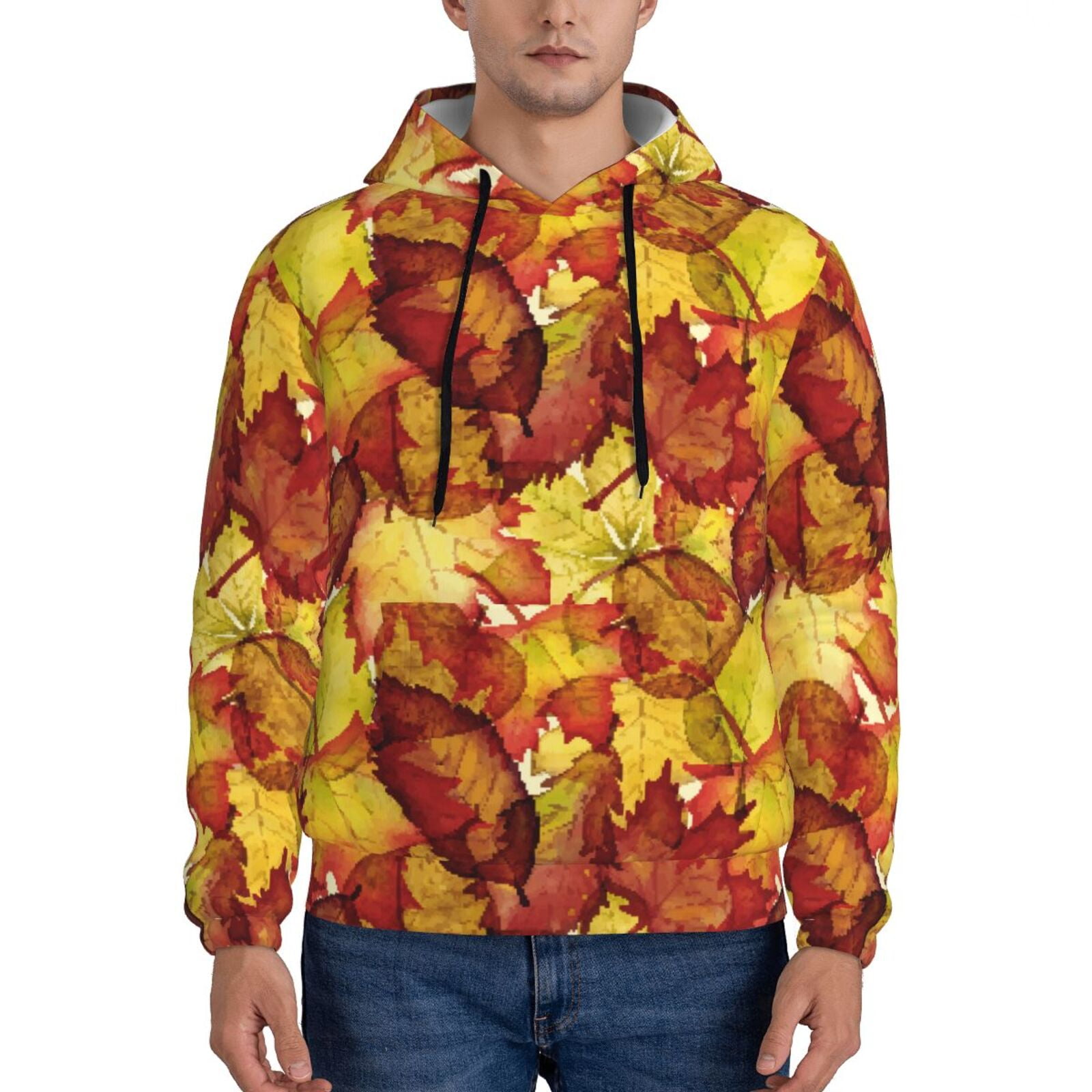 Balery Autumn Mosaic Maple Leaves Pattern Mens Hoodie Kangaroo Pocket