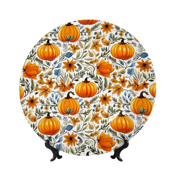 Balery Autumn Pumpkin Blossoms Print Bone China Decorative Plate Ceramic Dinner Plates Art Crafts with Display Stand-8in