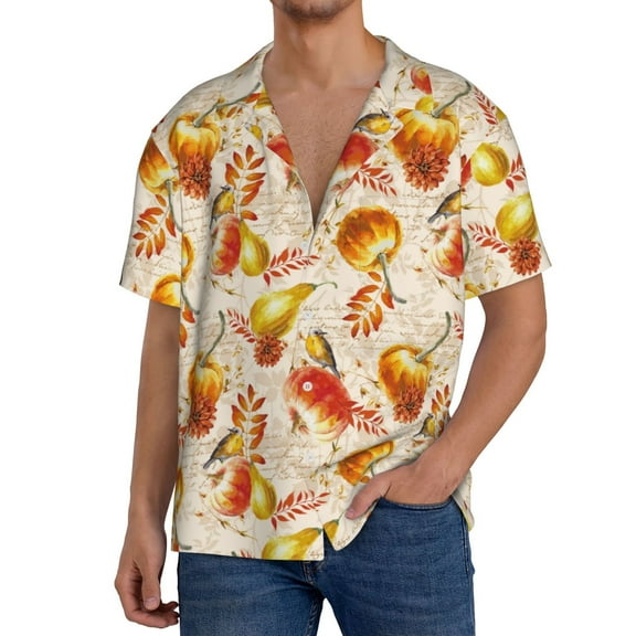 Balery Autumn With Birds Men's Casual Button Down Shirt Short Sleeve Textured Summer Cuban Beach Shirts-Medium