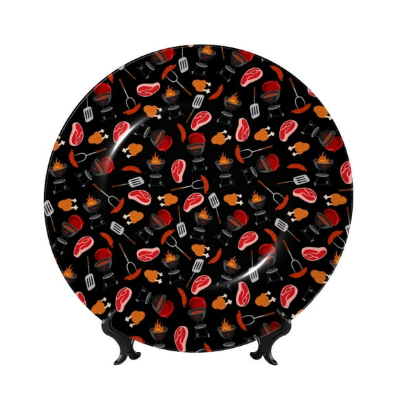 Balery BBQ Print Bone China Decorative Plate Ceramic Dinner Plates Art Crafts with Display Stand-8in