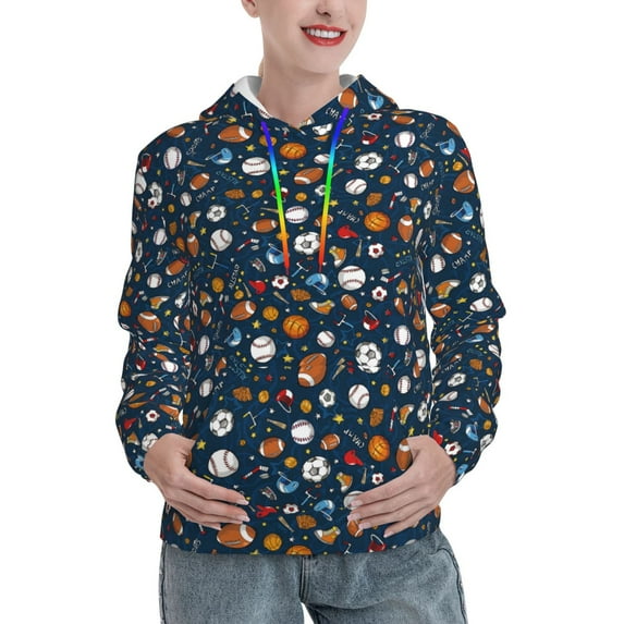 Balery Ball Sports Pattern Womens Long Sleeve Hoodie, Pullover Hooded Sweatshirt, Kangaroo Pocket Hoodie with Eye-catching Drawstrings-Small