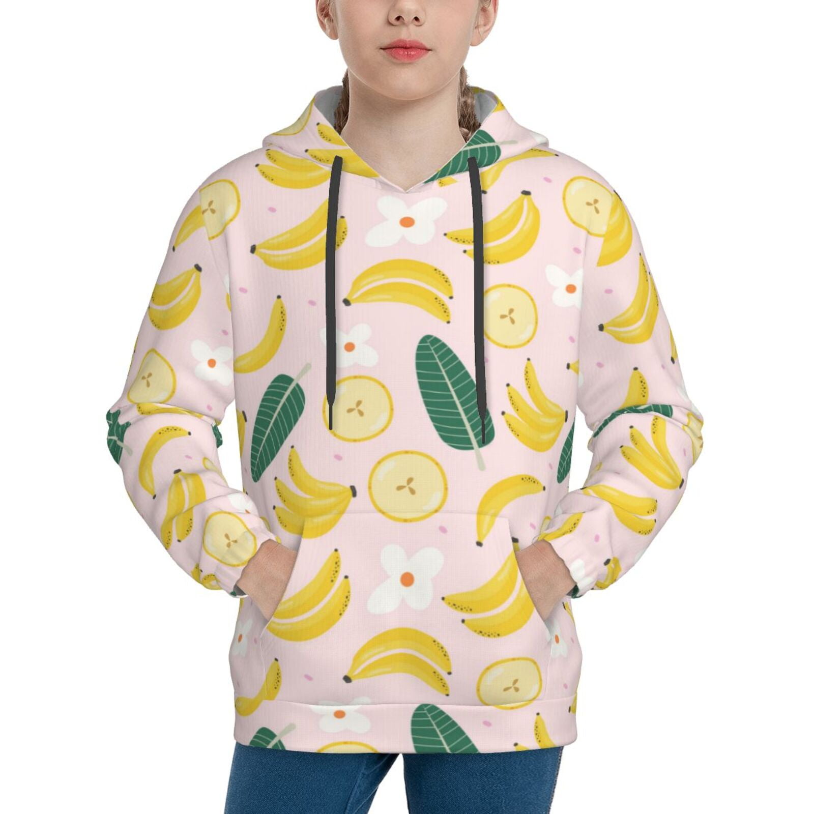 Balery Banana With Leaves Pattern Boys Hoodie, Youth Pullover Hooded