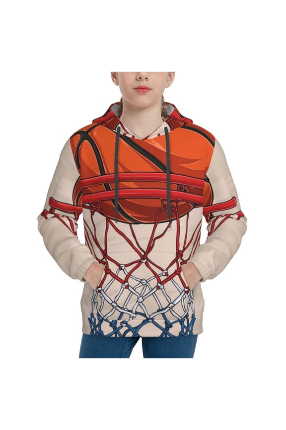Basketball Shot Pattern Boys Hoodie, Youth Pullover Hooded Sweatshirt, Kangaroo Pocket Hoodie for Kids Girls -X-Large