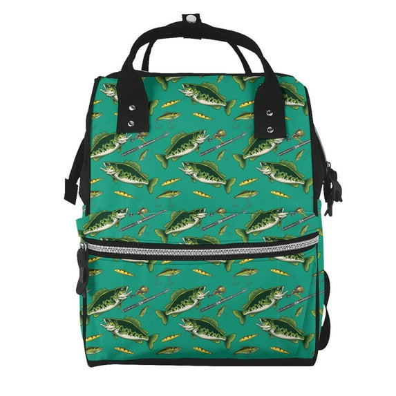 Balery Bass Fish Pattern Mummy Backpack - Waterproof Twill Canvas, Large Capacity Diaper Bag with Multiple Pockets and Adjustable Straps