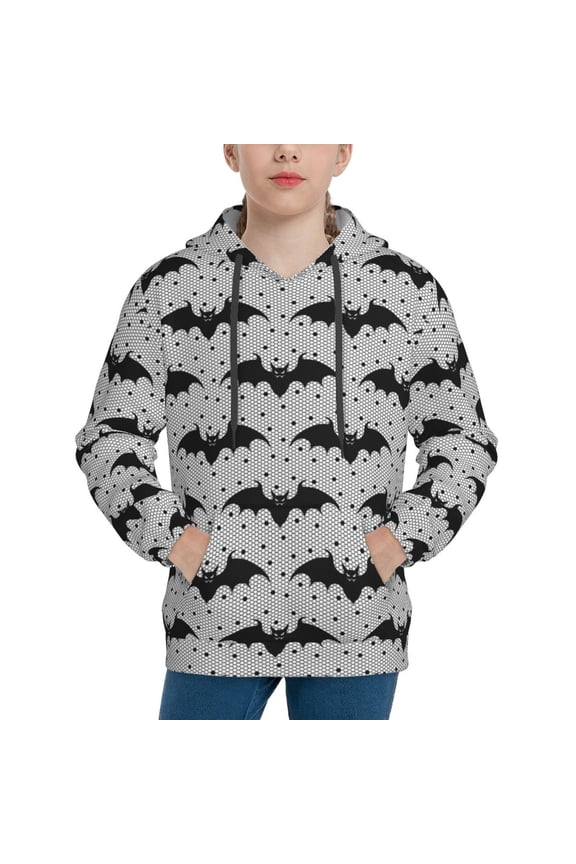 Bat Pattern Boys Hoodie, Youth Pullover Hooded Sweatshirt, Kangaroo Pocket Hoodie for Kids Girls -Large