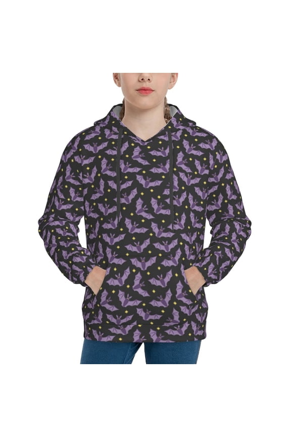 Bat Purple Pattern Boys Hoodie, Youth Pullover Hooded Sweatshirt, Kangaroo Pocket Hoodie for Kids Girls -Medium