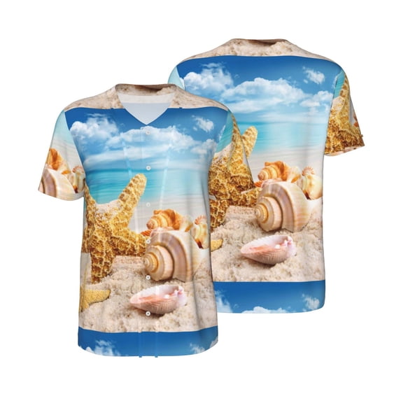 Balery Beach Starfish Shell Baseball Jersey for Men Casual Button Down Shirts Short Sleeve Active Team Sports Uniform-Medium