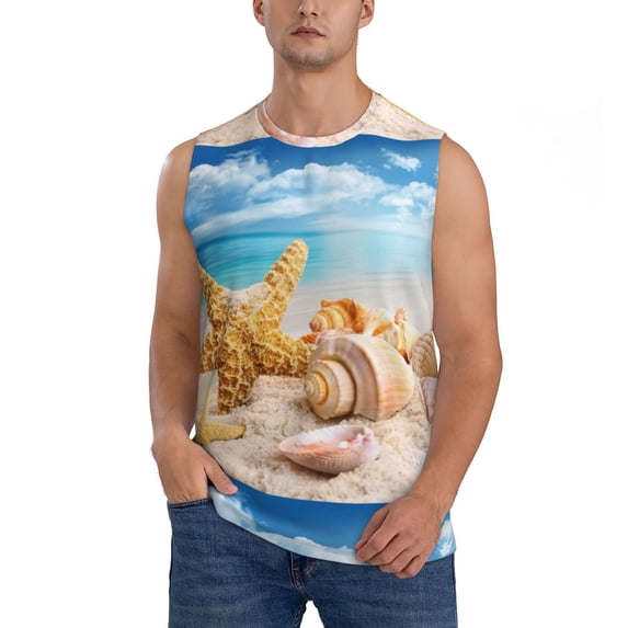 Balery Beach Starfish Shell Men's Sleeveless Muscle Shirts Workout Tank Top, Moisture Wicking, Odor Protection-Medium