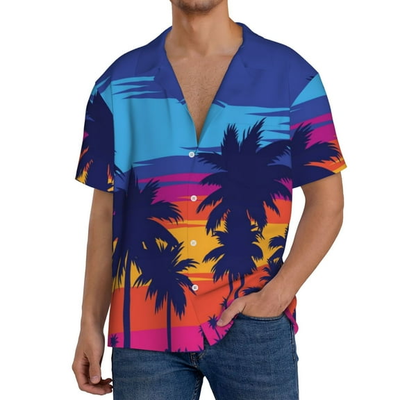 Balery Beach with Palm Trees Men's Casual Button Down Shirt Short Sleeve Textured Summer Cuban Beach Shirts-4X-Large