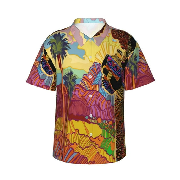 Balery Beautiful African Woman Print Men's Hawaiian Shirts Short Sleeve Beach Shirt Relaxed Fit Vacation Button Down Shirts-Large
