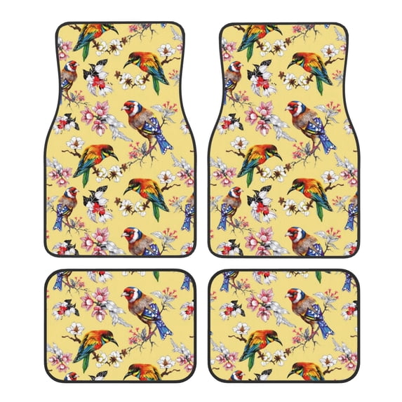 Balery Beautiful Bright Birds And Flowers Pattern 4-Piece Floor Mats, Heavy-Duty Rubber Liners, Anti-Slip Design, All-Season Automotive Protection, Vehicles, Cars, Trucks, and SUVs