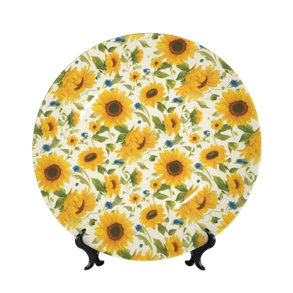 Balery Beautiful Countryside Sunflower Print Bone China Decorative Plate Ceramic Dinner Plates Art Crafts with Display Stand-6in