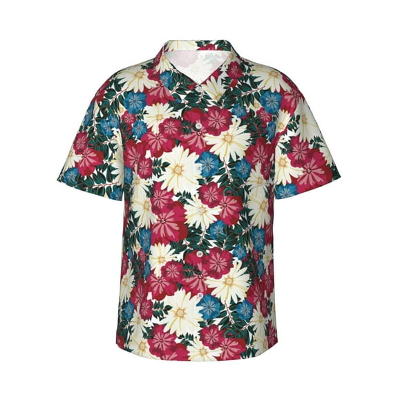 Balery Beautiful Flower Print Men's Hawaiian Shirts Short Sleeve Beach Shirt Relaxed Fit Vacation Button Down Shirts-Small