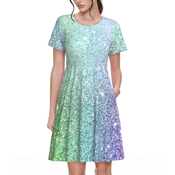 Balery Beautiful Glitter Pattern Womens Dresses Loose Short sleeve Sundresses Swimsuit Coverup 2025 Summer Casual Dress for Women - A-Line Swing Dress