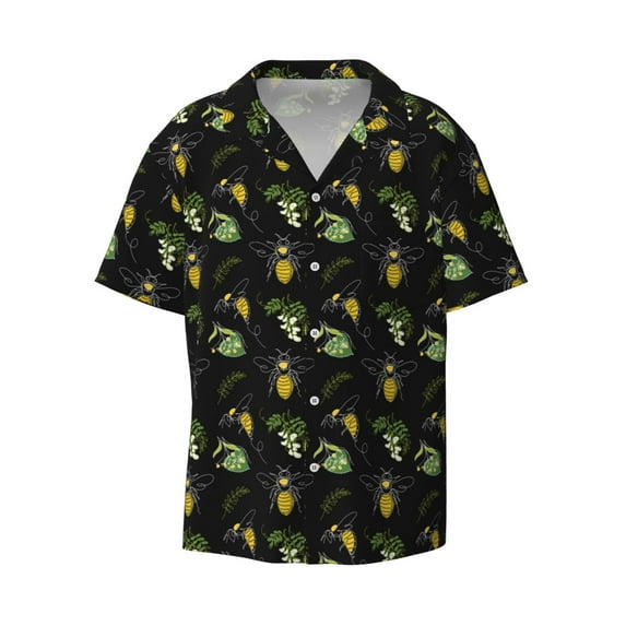 Balery Bee Floral Men's Casual Button Down Shirt Short Sleeve Textured Summer Cuban Beach Shirts-3X-Large