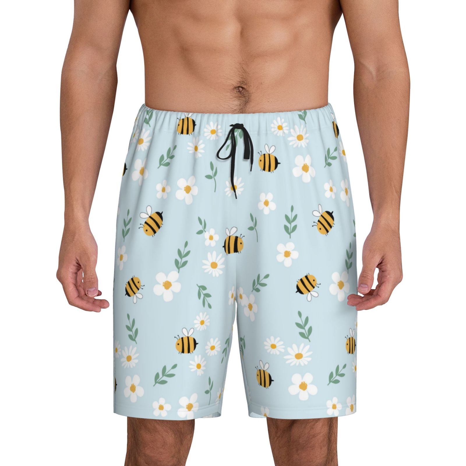 Balery Bee Flower Men's Cotton Knit Pajama Shorts Waistband & Pockets