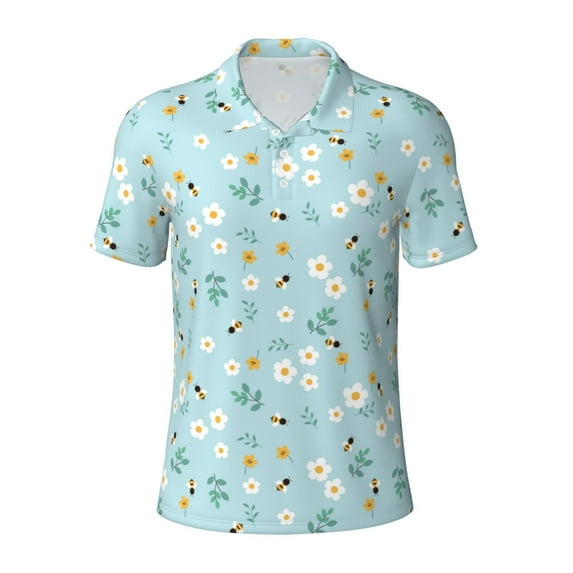 Balery Bee Flower Printed Men’s Short Sleeve Polo Shirt, Midweight Men's Shirt,Golf Polo shirts -Medium