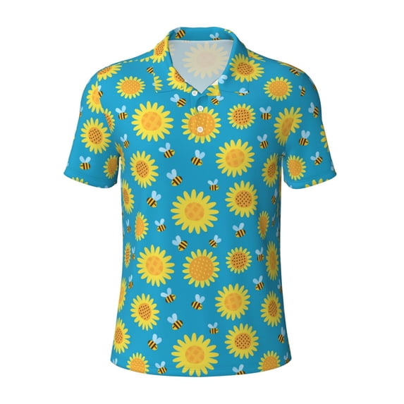 Balery Bee Sunflower Printed Men’s Short Sleeve Polo Shirt, Midweight Men's Shirt,Golf Polo shirts -3X-Large