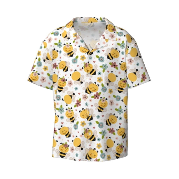 Balery Bee and Flowers Men's Casual Button Down Shirt Short Sleeve Textured Summer Cuban Beach Shirts-Medium
