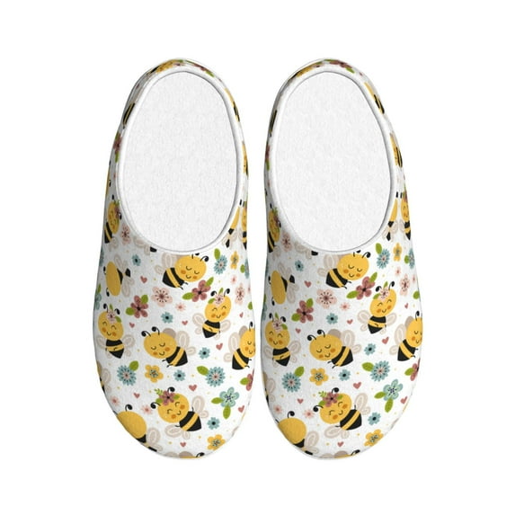 Balery Bee and Flowers Pattern Women's Fuzzy Memory Foam Slippers Fluffy Winter House Shoes Indoor and Outdoor-42/43