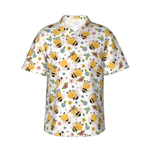 Balery Bee and Flowers Print Men's Hawaiian Shirts Short Sleeve Beach Shirt Relaxed Fit Vacation Button Down Shirts-3X-Large