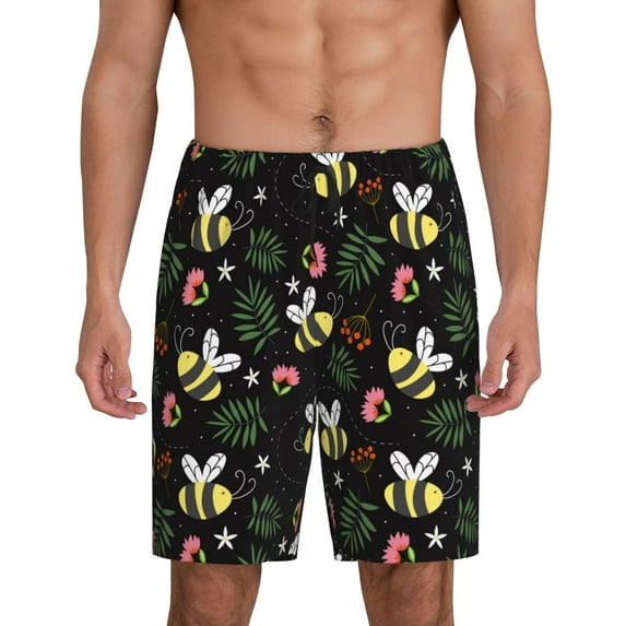 Balery Bees Men's Cotton Knit Pajama Shorts Waistband & Pockets,Short Pajama Pants-Small
