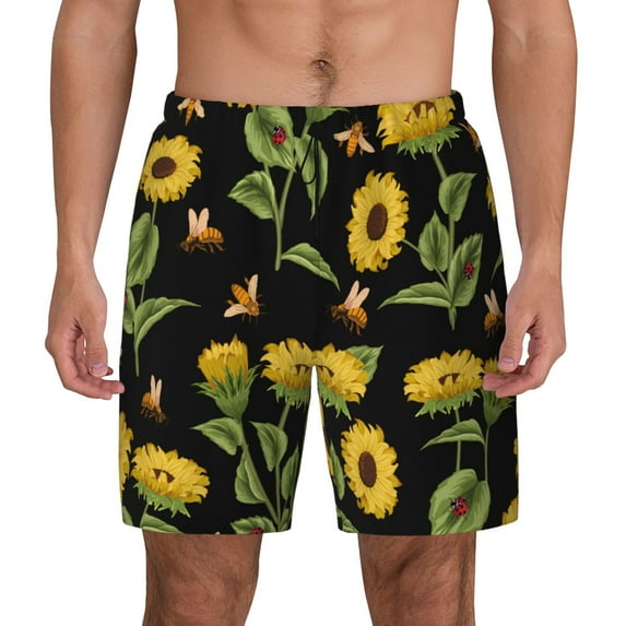 Balery Bees and Sunflowers Mens Swim Trunks Swim Shorts for Men Quick Dry Inseam Beach Shorts with Compression Liner Pocket-Medium