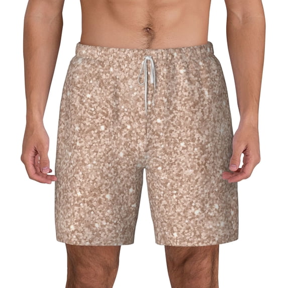 Balery Beige Sparkling Glitter Mens Swim Trunks Swim Shorts for Men Quick Dry Inseam Beach Shorts with Compression Liner Pocket-XX-Large