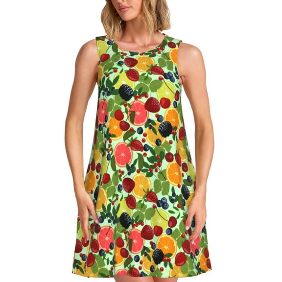 Balery Berries And Citrus Pattern Women’s Summer Dresses – Loose Sleeveless Sundress, Casual and Comfortable Beach Dress for Hot Days