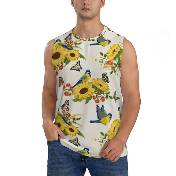 Balery Bird Sunflowers Men's Sleeveless Muscle Shirts Workout Tank Top, Moisture Wicking, Odor Protection-Medium