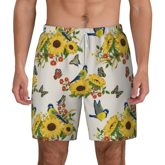 Balery Bird Sunflowers Mens Swim Trunks Swim Shorts for Men Quick Dry Inseam Beach Shorts with Compression Liner Pocket-Large