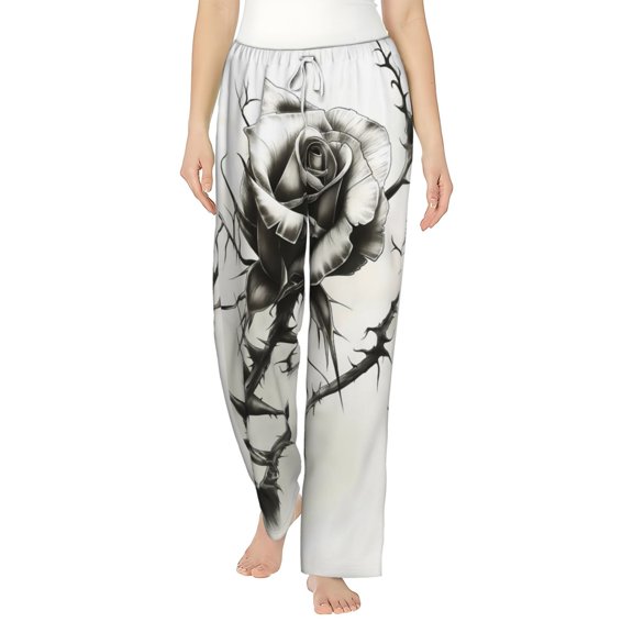 Balery Black And White Rose print Women's Pajama Pants,Ultra Lightweight Pjs,Lounge Pant-Medium