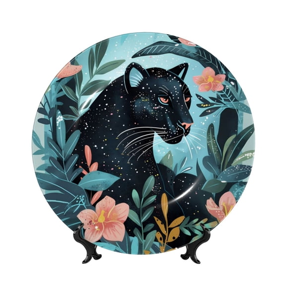 Balery Black Panther Floral Illustration Print Bone China Decorative Plate Ceramic Dinner Plates Art Crafts with Display Stand-6in