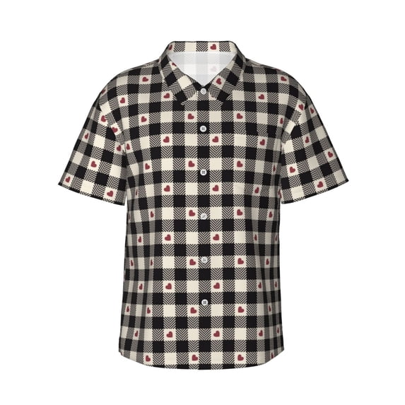 Balery Black Plaid Heart Print Men's Hawaiian Shirts Short Sleeve Beach Shirt Relaxed Fit Vacation Button Down Shirts-Medium