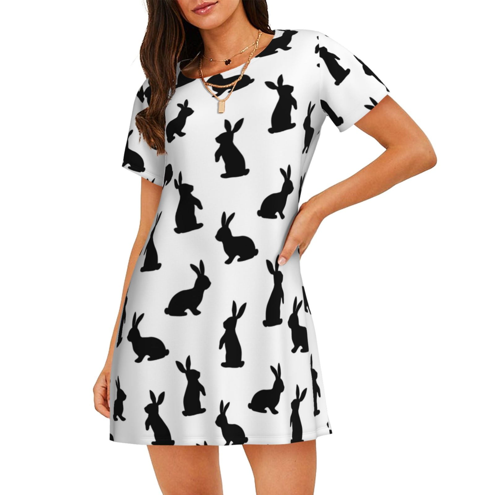 Gray Rabbit Printed Full Sleeves Nightwear
