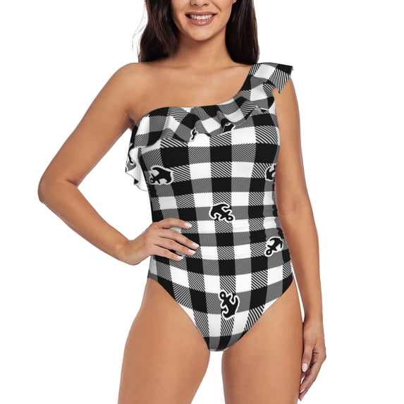 Balery Black Tartan Plaid One Shoulder Swimsuits for Women Ruffle Swimsuits Tummy Control One Shoulder Bathing Suits-Small