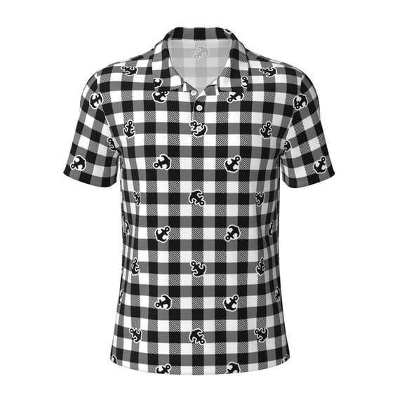 Balery Black Tartan Plaid Printed Men’s Short Sleeve Polo Shirt, Midweight Men's Shirt,Golf Polo shirts -Small