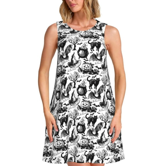 Balery Black White Halloween Pattern Women’s Summer Dresses – Loose Sleeveless Sundress, Casual and Comfortable Beach Dress for Hot Days