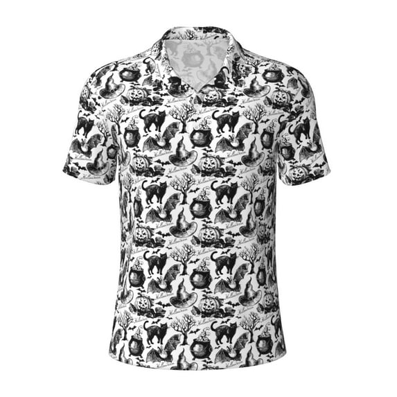 Balery Black White Halloween Printed Men’s Short Sleeve Polo Shirt, Midweight Men's Shirt,Golf Polo shirts -3X-Large