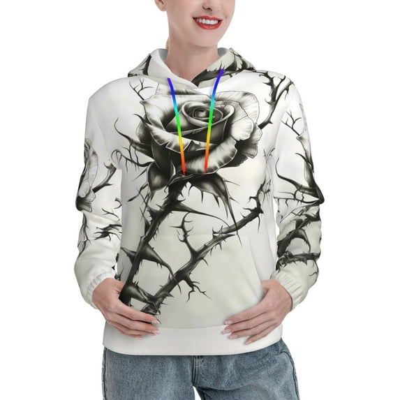 Balery Black And White Rose Pattern Womens Long Sleeve Hoodie, Pullover Hooded Sweatshirt, Kangaroo Pocket Hoodie with Eye-catching Drawstrings-Medium