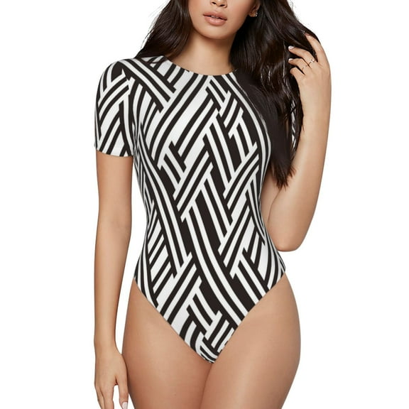 Balery Black White Stripes Women's Short Sleevee Crew Neck Bodysuit Tops Short Sleeve Tops Basic-XX-Large