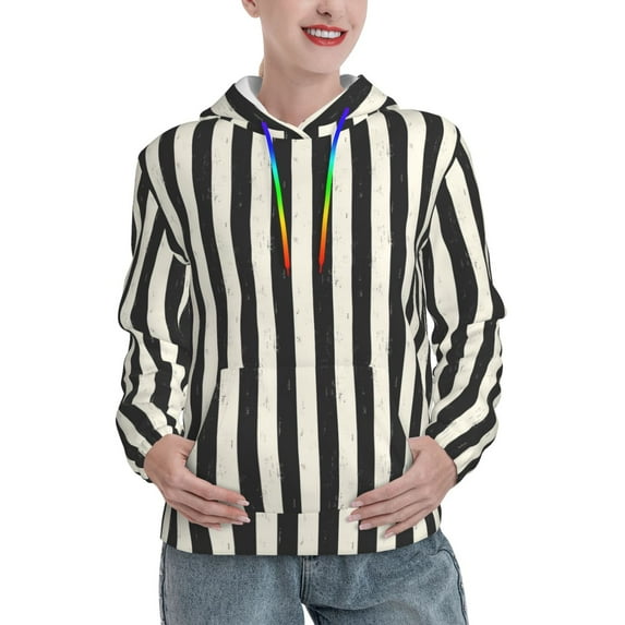 Balery Black And White Thick Stripes Pattern Womens Long Sleeve Hoodie, Pullover Hooded Sweatshirt, Kangaroo Pocket Hoodie with Eye-catching Drawstrings-Medium