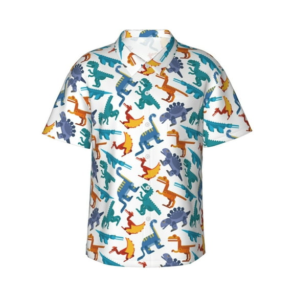 Balery Block Dinosaur Print Men's Hawaiian Shirts Short Sleeve Beach Shirt Relaxed Fit Vacation Button Down Shirts-3X-Large